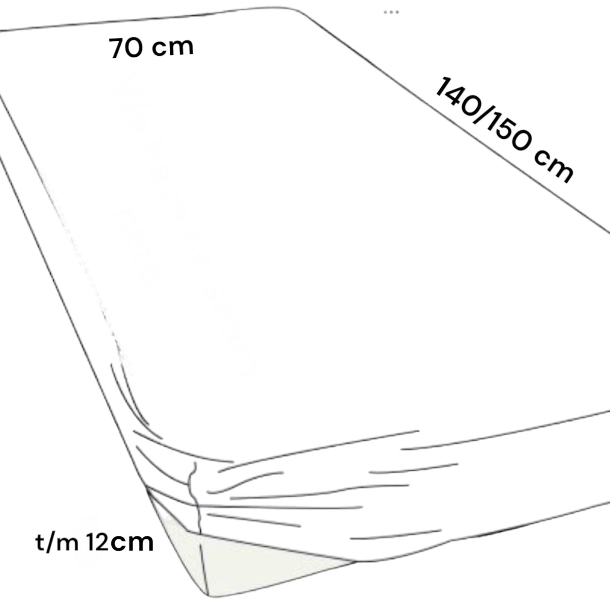 Afbeelding van een hoeslaken voor een peuterbed met aangegeven afmetingen: 70 cm breed, 140/150 cm lang en 12 cm hoog. De maten zijn visueel weergegeven naast het hoeslaken op een matras. foto: afmetingen hoeslaken peuterbed roze.