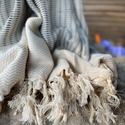 closeup van een zwarte hamamdoek met fijne details zichtbaar. Op de achtergrond zijn zand, kleine schepjes en bakjes te zien, wat een ontspannen sfeer oproept die doet denken aan een strand of wellnessomgeving.
Foto: hamamdoek zwart closeup