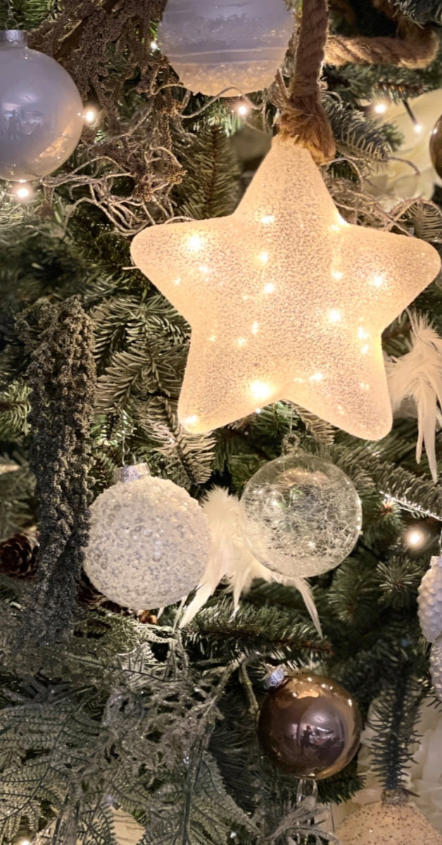 Een close-up van een gedeelte van een kerstboom, versierd met glinsterende kerstballen in verschillende maten, slingers en kleine lichtjes die een warme gloed verspreiden. De groene naalden van de boom zijn scherp zichtbaar, en sommige takken zijn bedekt met een subtiel laagje kunstsneeuw. foto: kerstoom met ster.